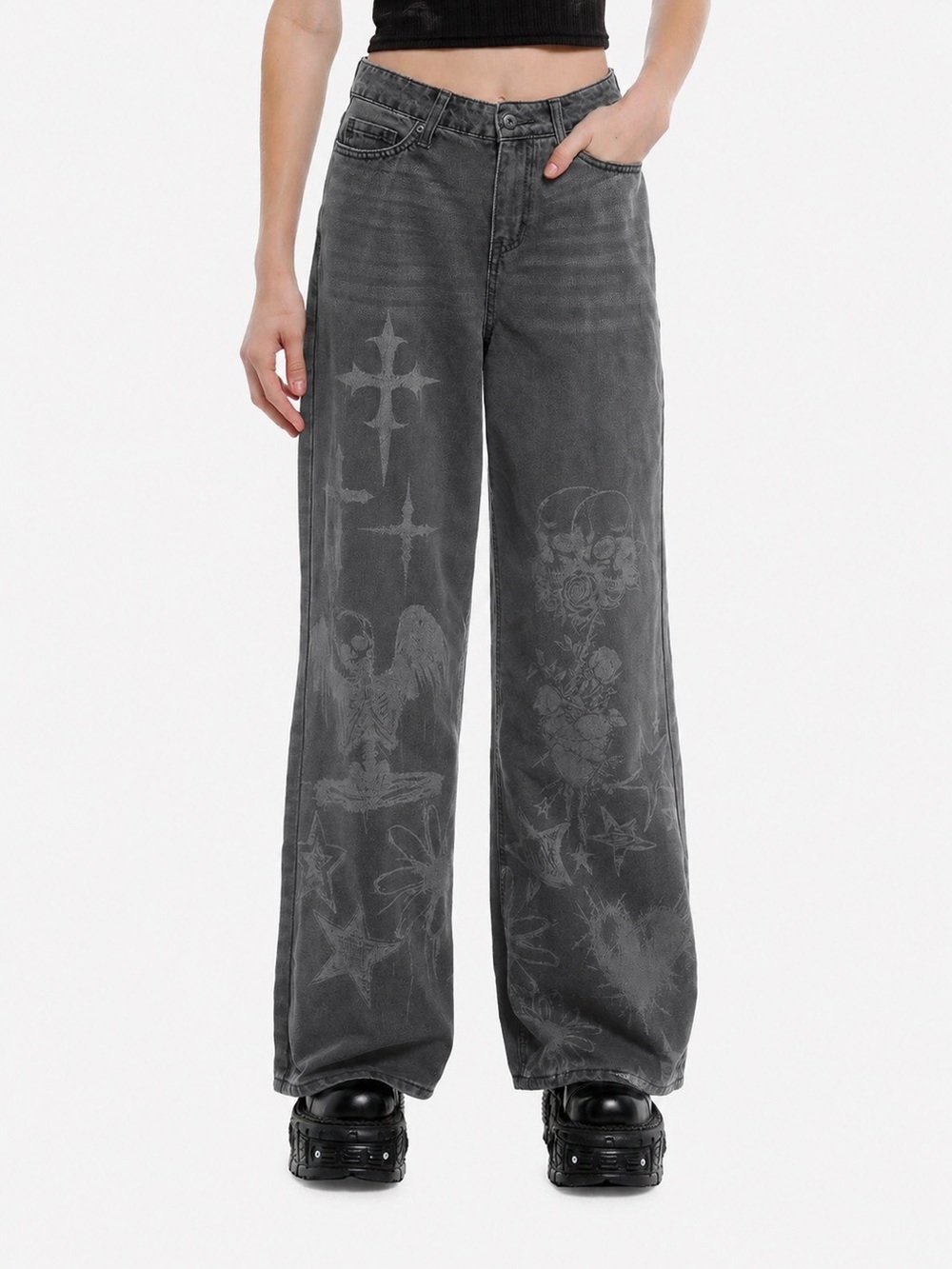 Social Collision Skull & Cross Hi-Rise Wide Leg Jeans Grunge Goth Emo Size 13